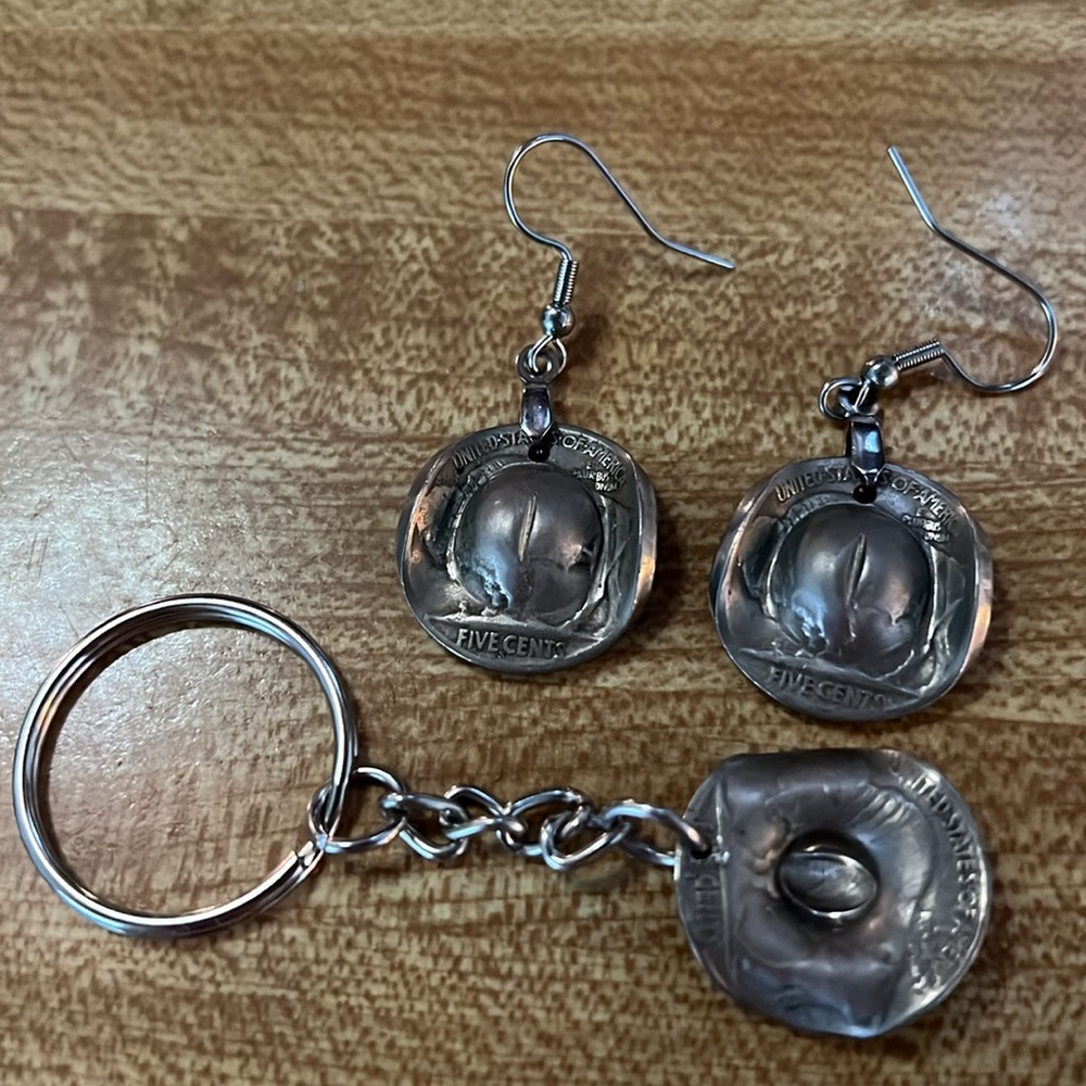 REAL AUTHENTIC DATED BUFFALO NICKEL HANDCRAFTED EARRINGS AND KEYRING